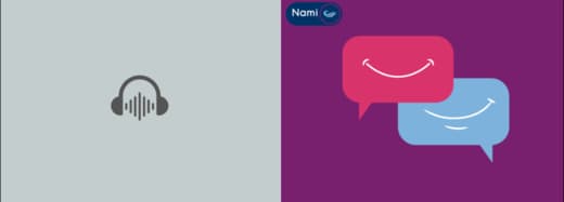 d'un côté en gris des écouteurs et un flux de son et de l'autre côté deux bulles de dialogue en couleurs