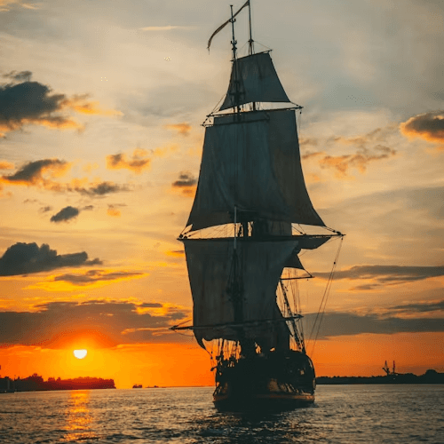 pirate boat at sunset