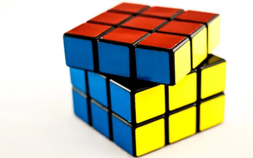 A blue, red and yellow rubik cube