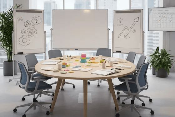 Une salle de réunion d'entreprise avec une table ronde, des chaises de bureau et des tableaux blancs