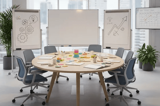 A meeting room with a round table, office chairs and whiteboards