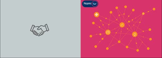 Illustration comparative : à gauche sur fond gris, une poignée de main stylisée représentant les relations traditionnelles ; à droite sur fond rose vif avec le logo Nami, un réseau interconnecté de points et lignes dorés symbolisant un écosystème collaboratif dynamique et les connexions multiples.