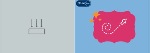 d'un coté sur fond gris une boite avec des fleches vers le bas qui indiquent la boite et de l'autre côté un dessin en couleur d'une ligne en pointillés en escargot qui termine vers le haut en ligne continue